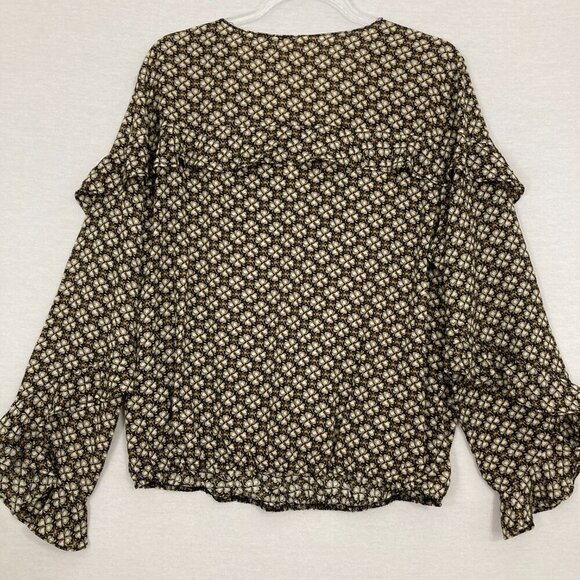 New Max Studio Brown Cream Floral Geometric Boho Print Ruffle Detail Blouse XL - Picture 8 of 10